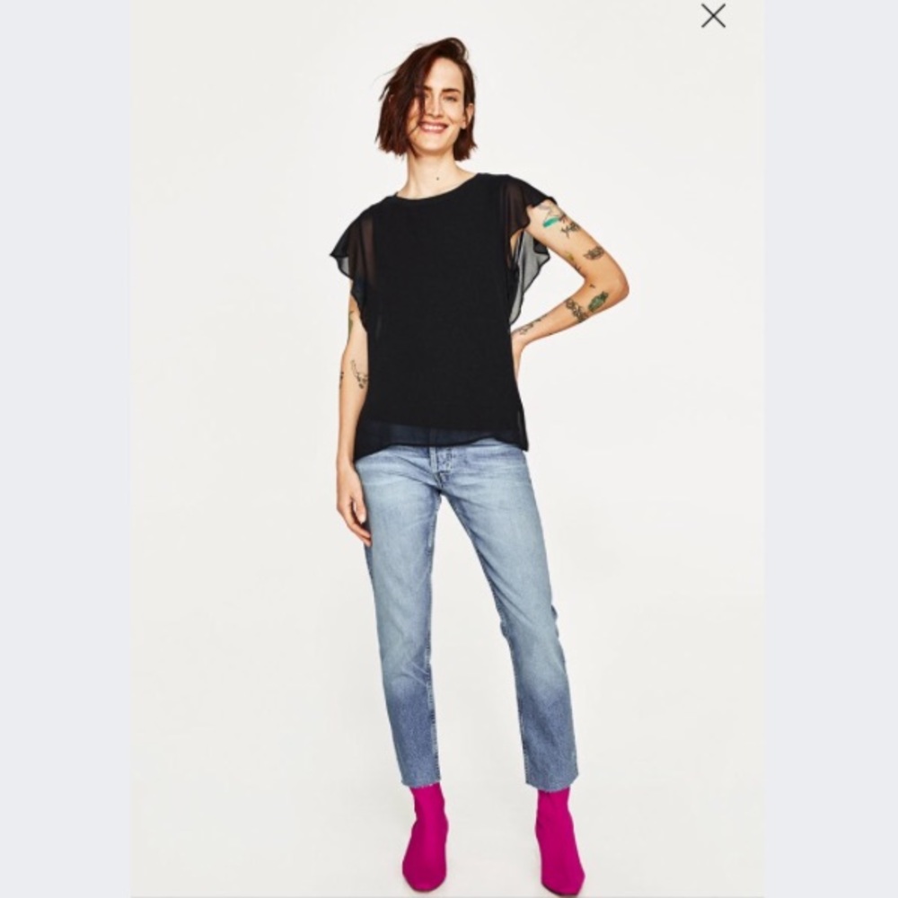 [Zara] Ribbed Neck Top w/ Contrasts - Picture 2 of 6